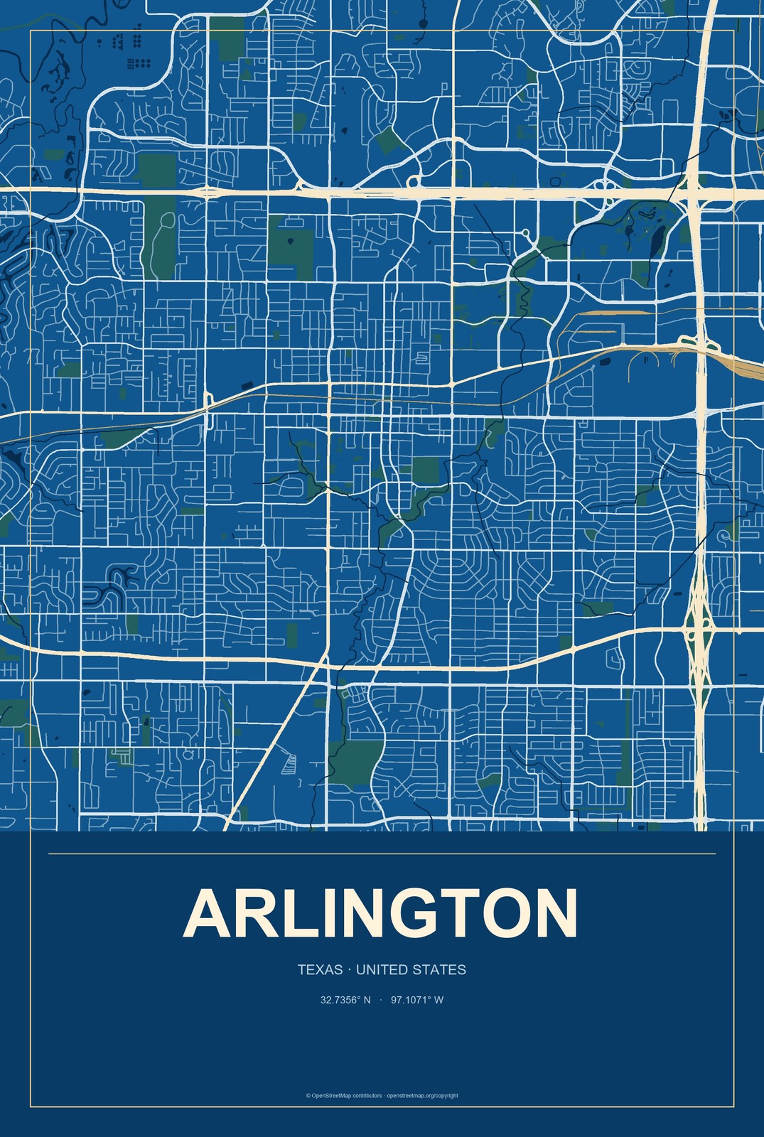 Arlington, Texas City Map Aluminum Sign in Harbor Cobalt style