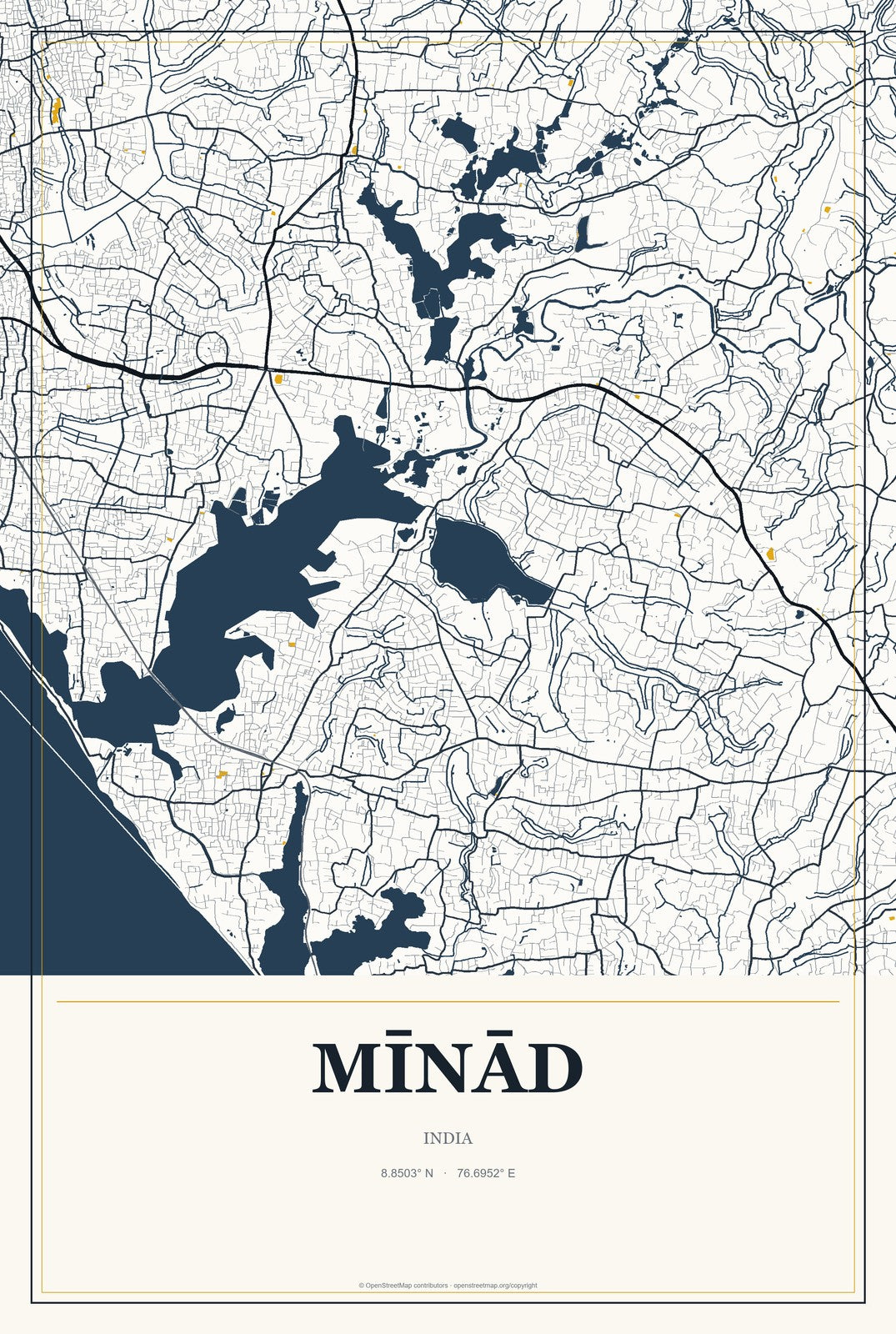 Mīnād, India City Map Aluminum Sign in Citrine Modern style