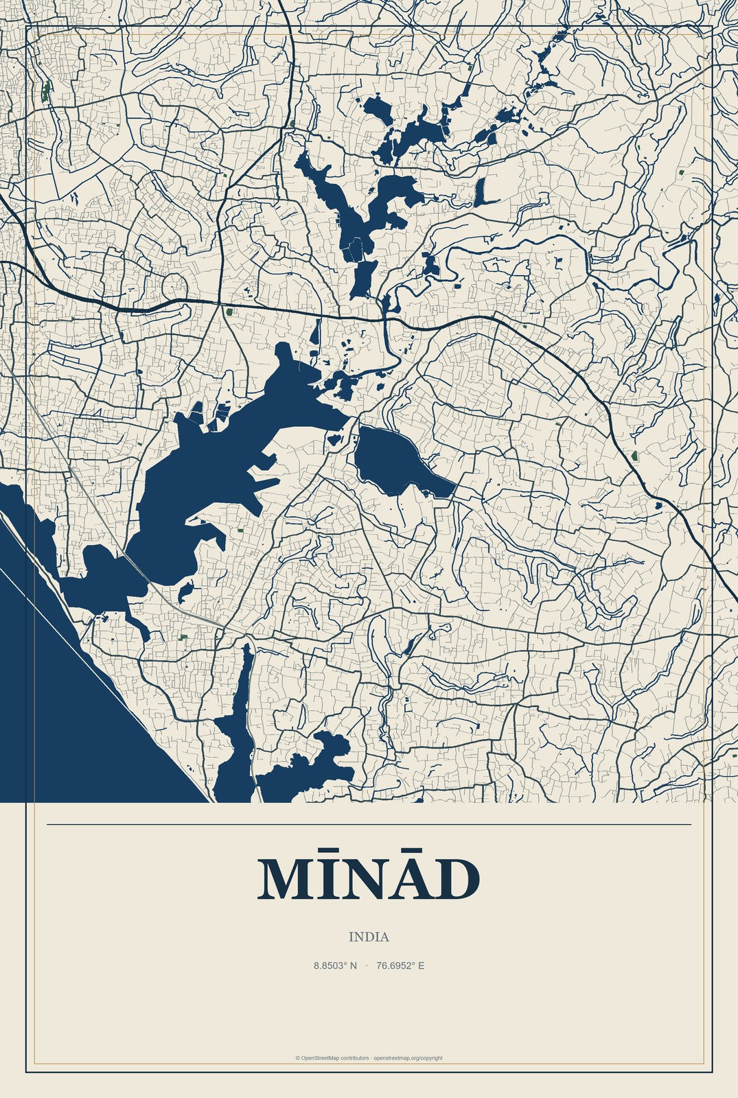 Mīnād, India City Map Aluminum Sign in Coastal Cutout style