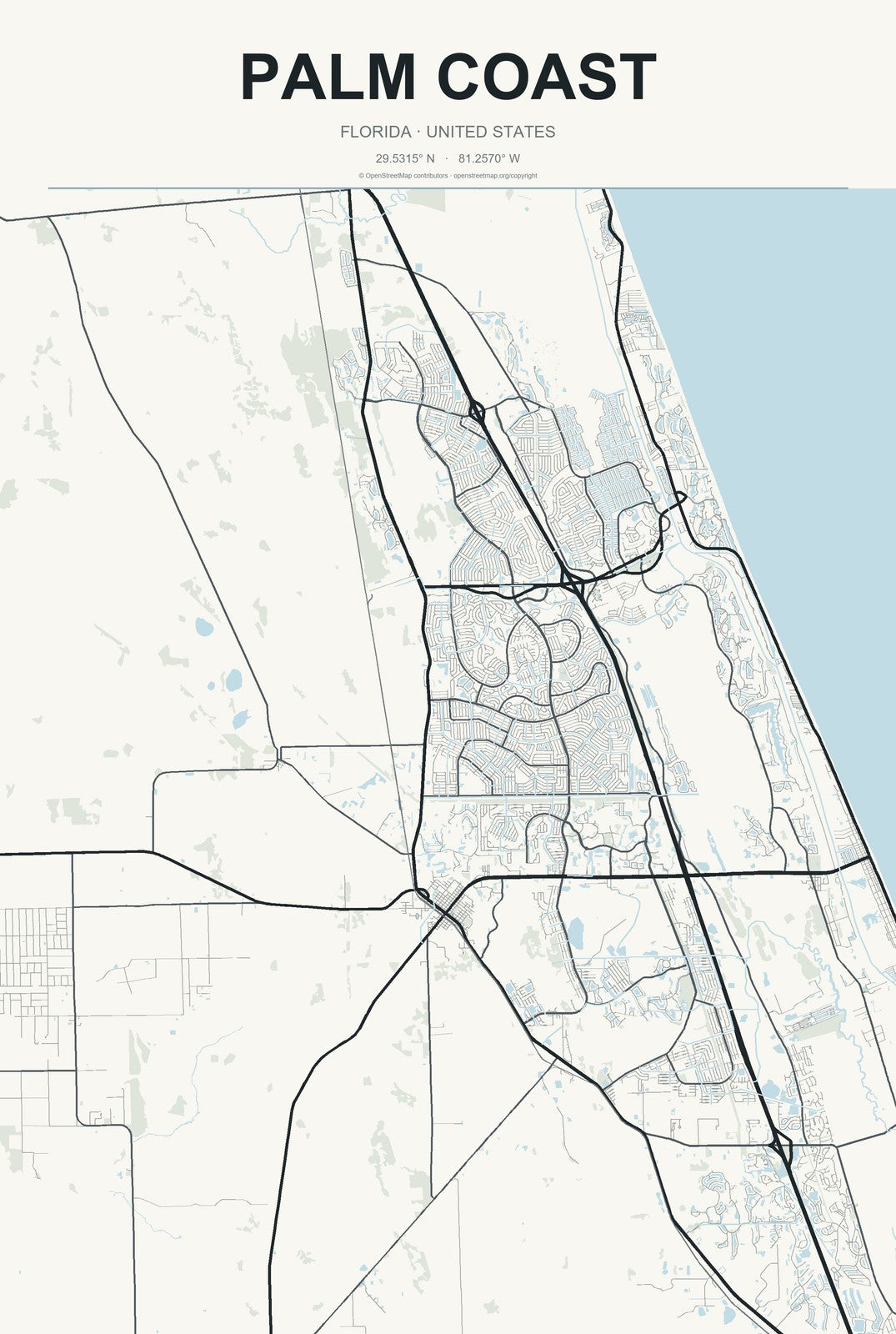 Palm Coast, Florida City Map Aluminum Sign in Headline Atlas style