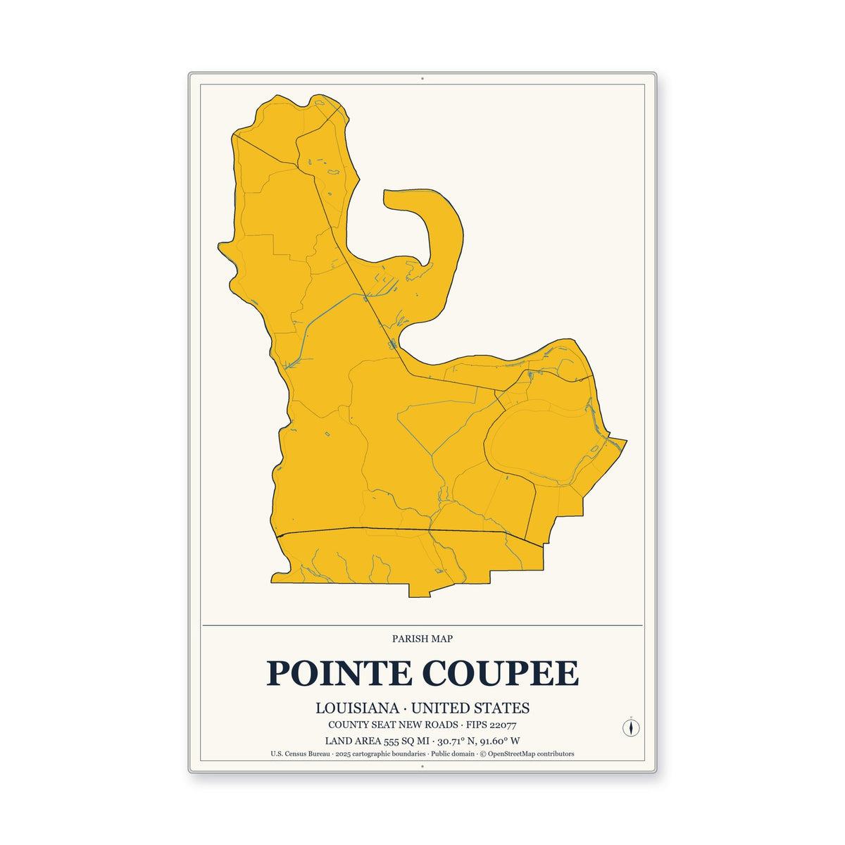 Pointe Coupee Parish, Louisiana Map Aluminum Sign in Citrine Modern style