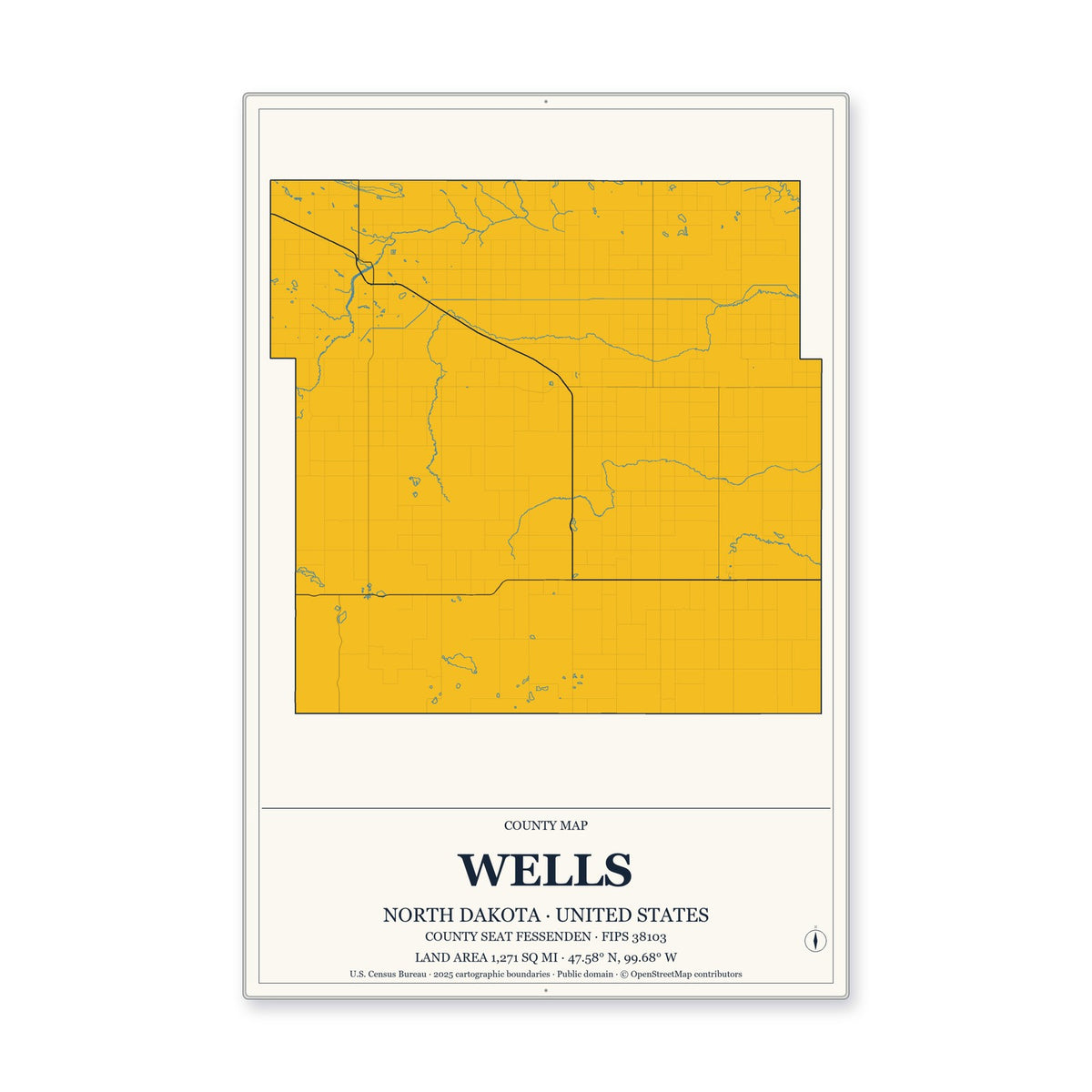 Wells County, North Dakota Map Aluminum Sign in Citrine Modern style