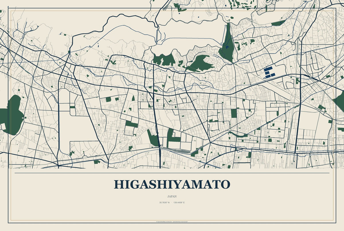 Higashiyamato, Japan City Map Aluminum Sign in Coastal Cutout style