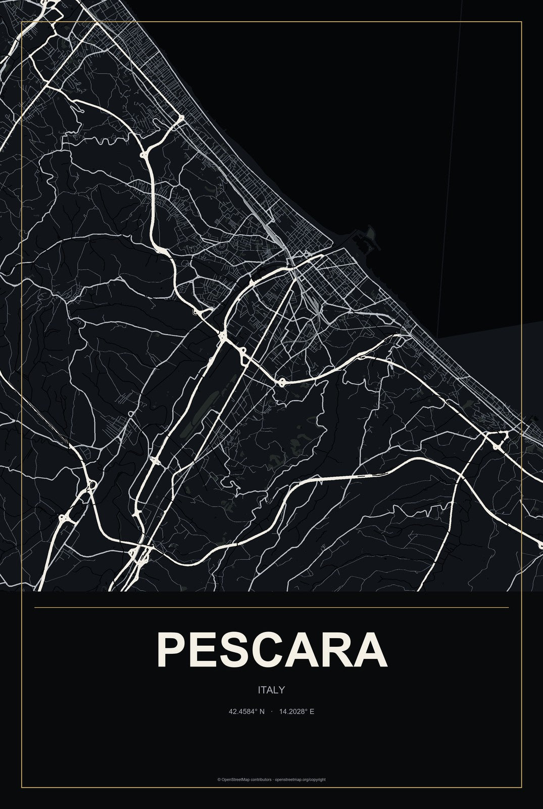 Pescara, Italy City Map Aluminum Sign in Metropolitan Noir style