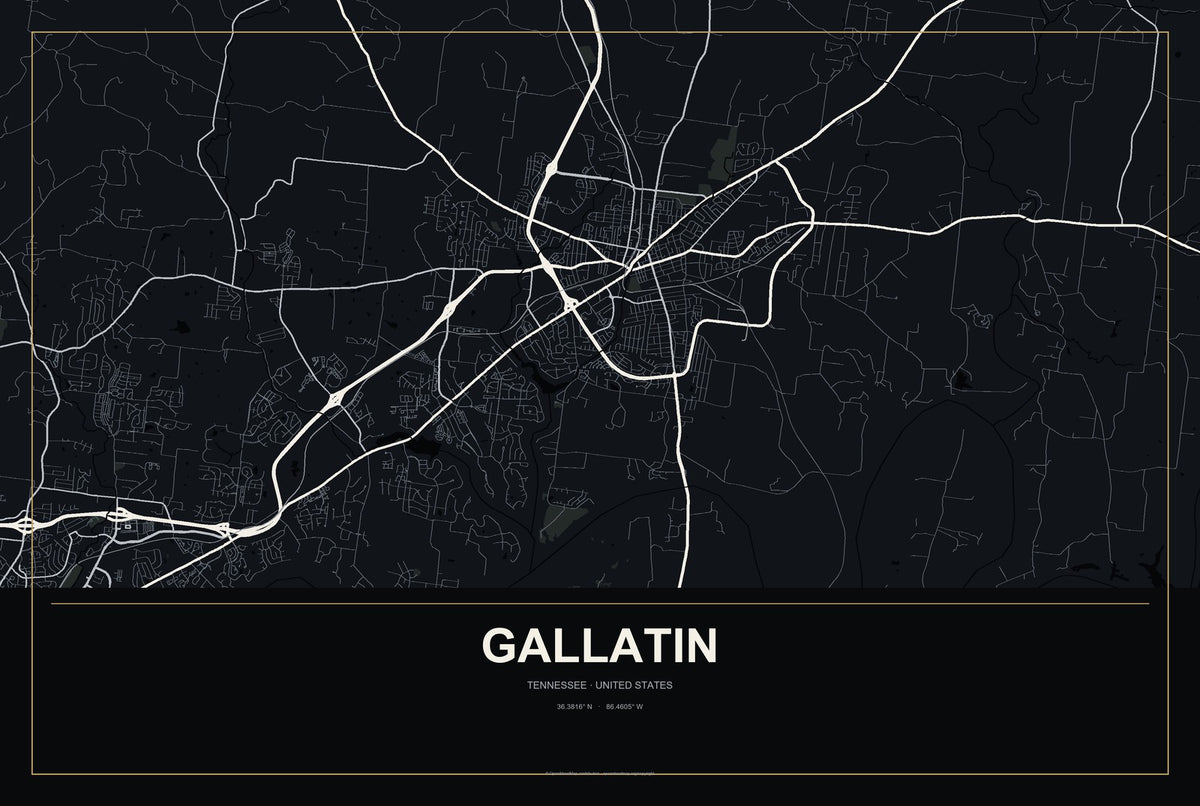 Gallatin, Tennessee City Map Aluminum Sign in Metropolitan Noir style