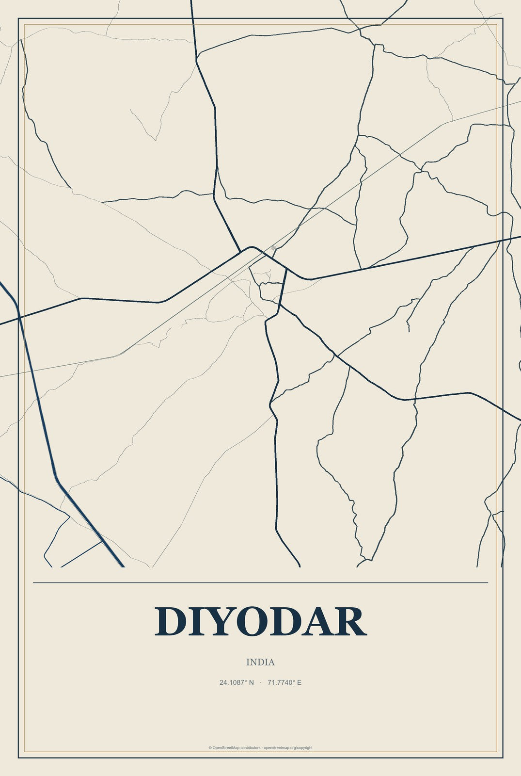 Diyodar, India City Map Aluminum Sign in Coastal Cutout style