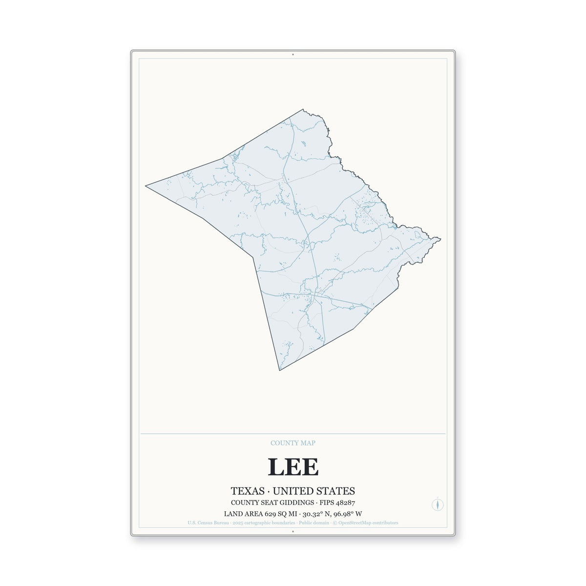 Lee County, Texas Map Aluminum Sign in Gallery Air style