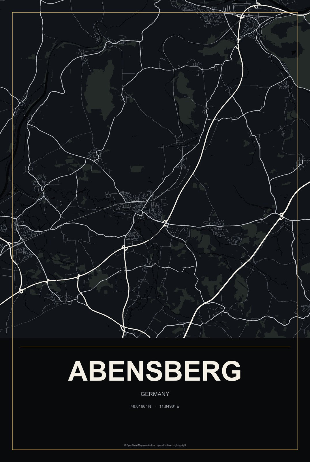 Abensberg, Germany City Map Aluminum Sign in Metropolitan Noir style
