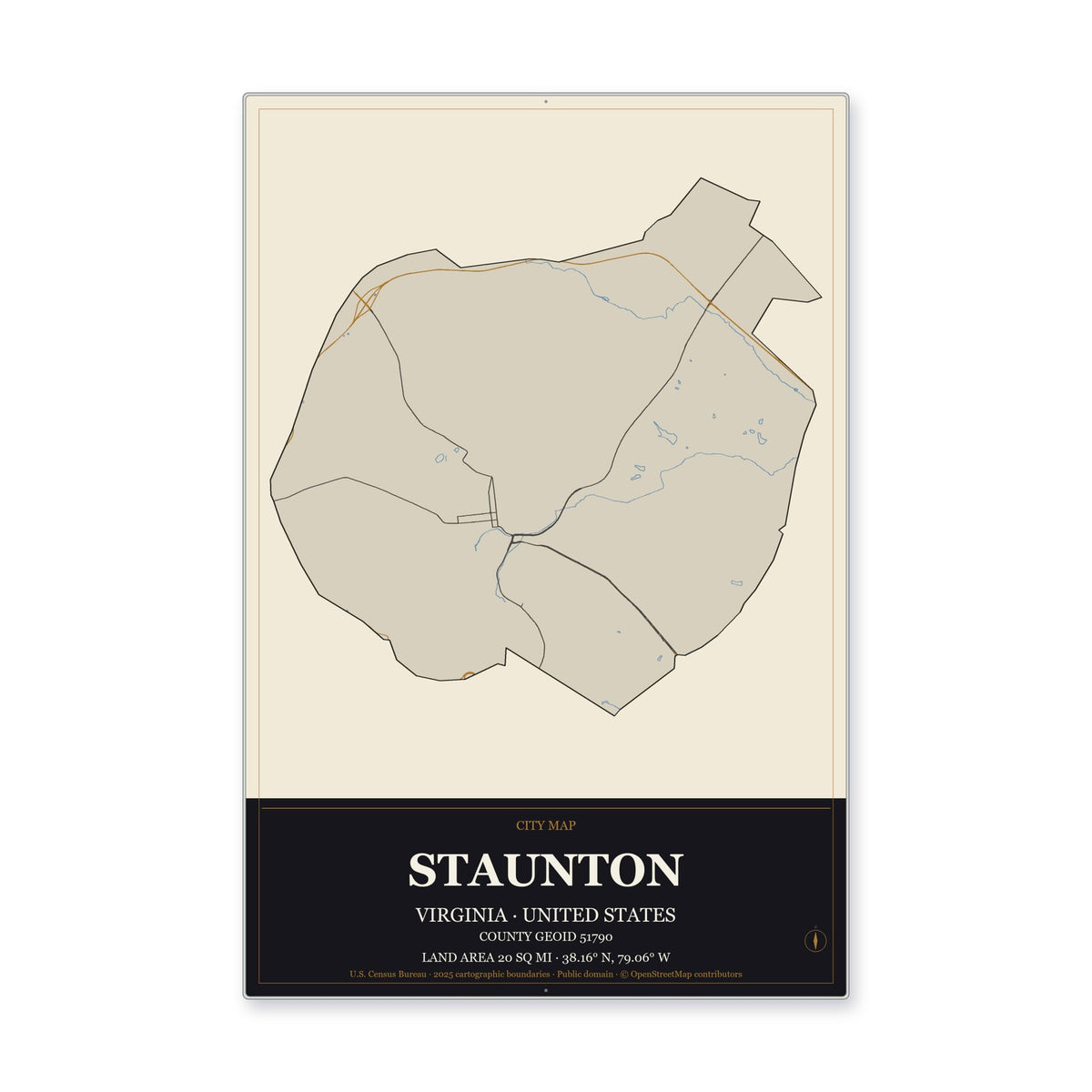 Staunton city, Virginia Map Aluminum Sign in Museum Plaque style