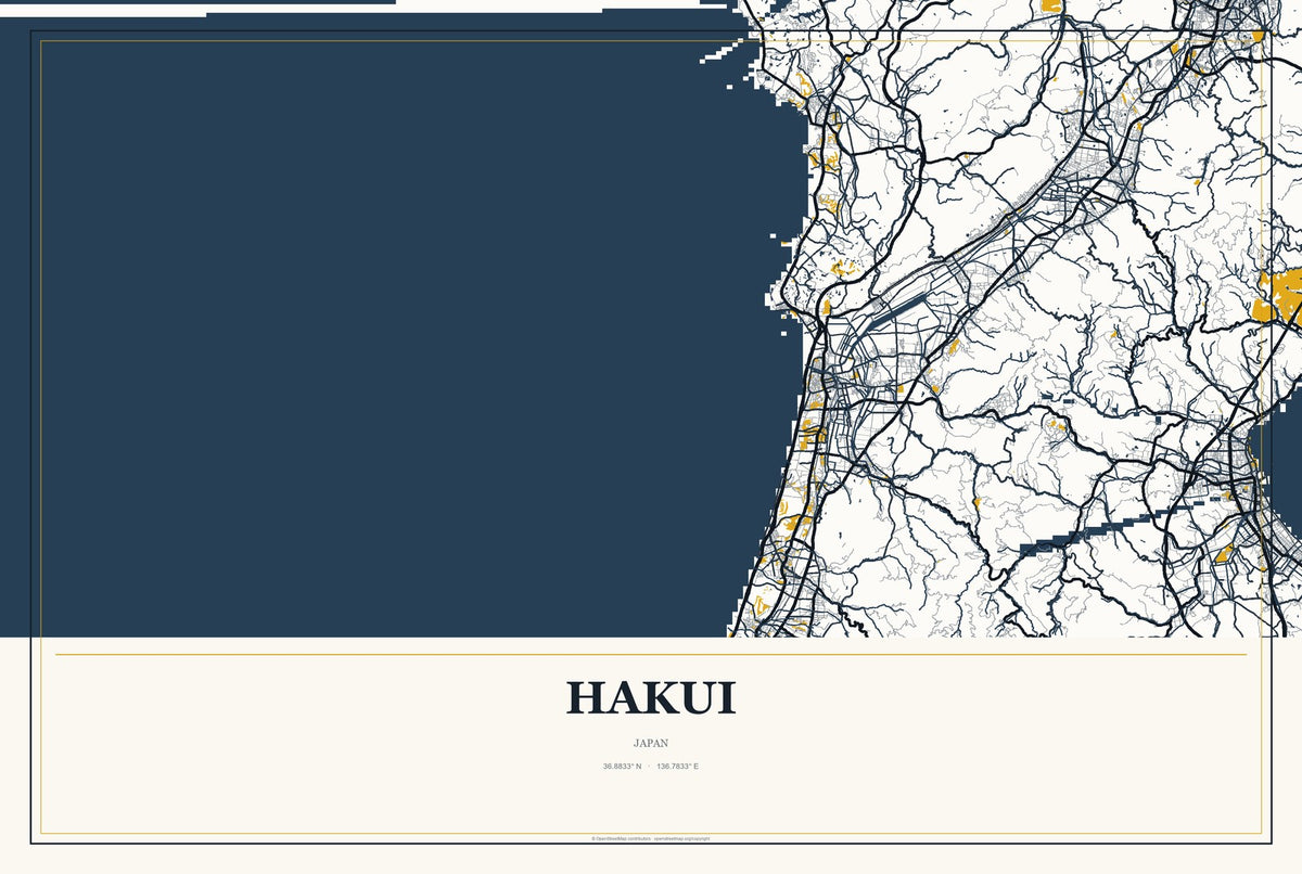 Hakui, Japan City Map Aluminum Sign in Citrine Modern style