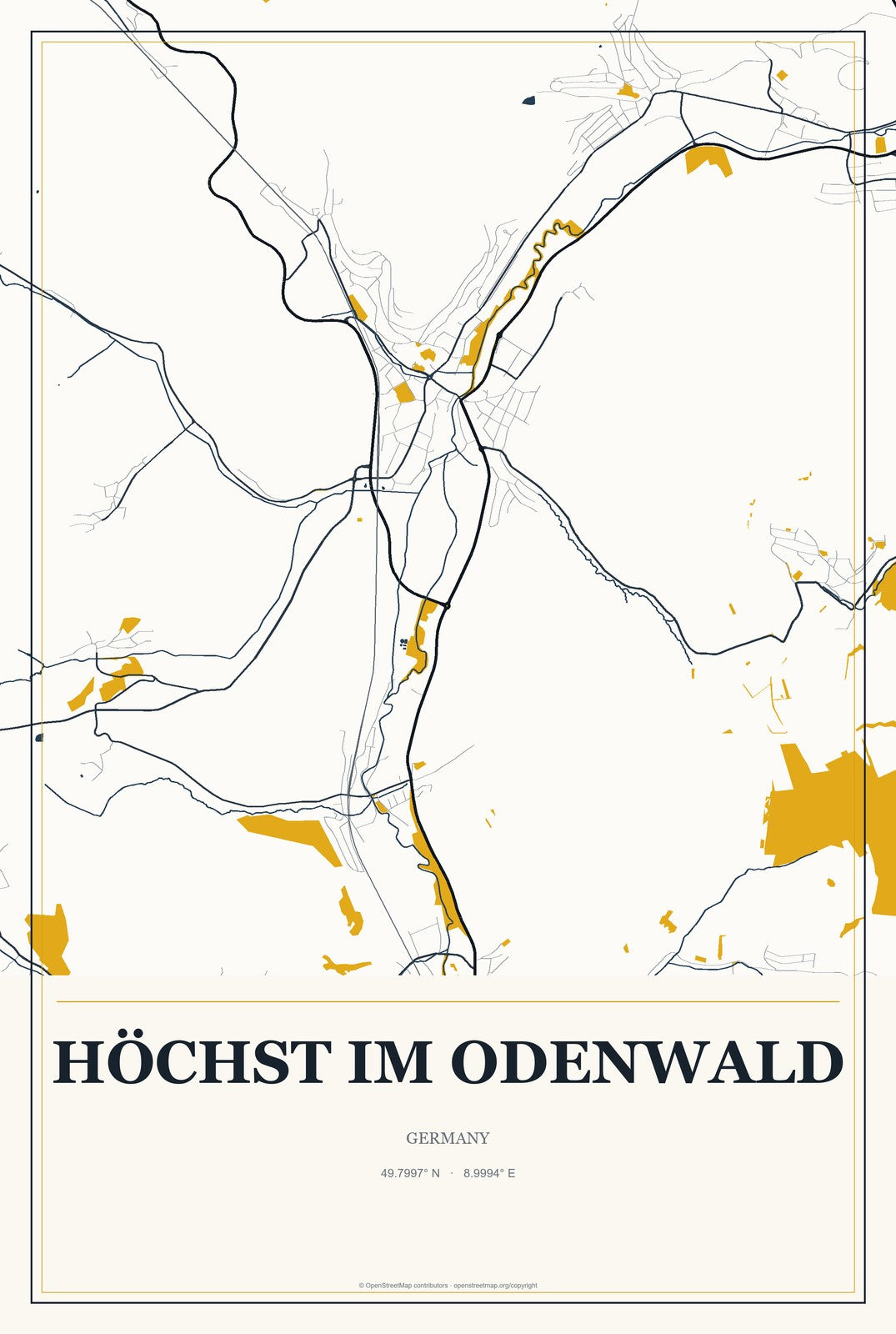 Höchst im Odenwald, Germany City Map Aluminum Sign in Citrine Modern style