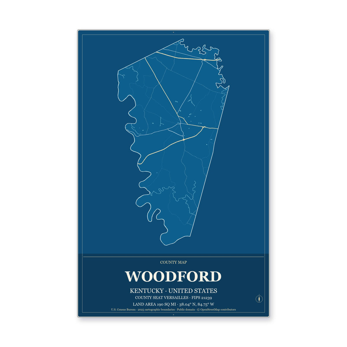 Woodford County, Kentucky Map Aluminum Sign in Harbor Cobalt style