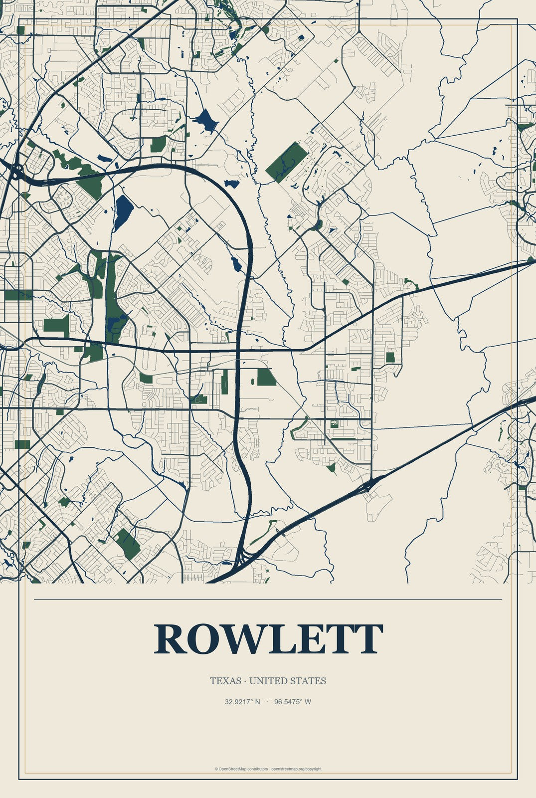 Rowlett, Texas City Map Aluminum Sign in Coastal Cutout style