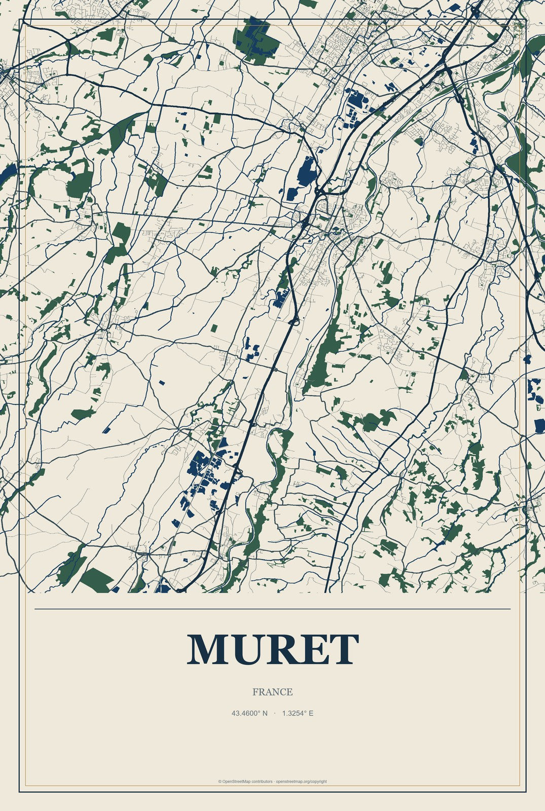 Muret, France City Map Aluminum Sign in Coastal Cutout style