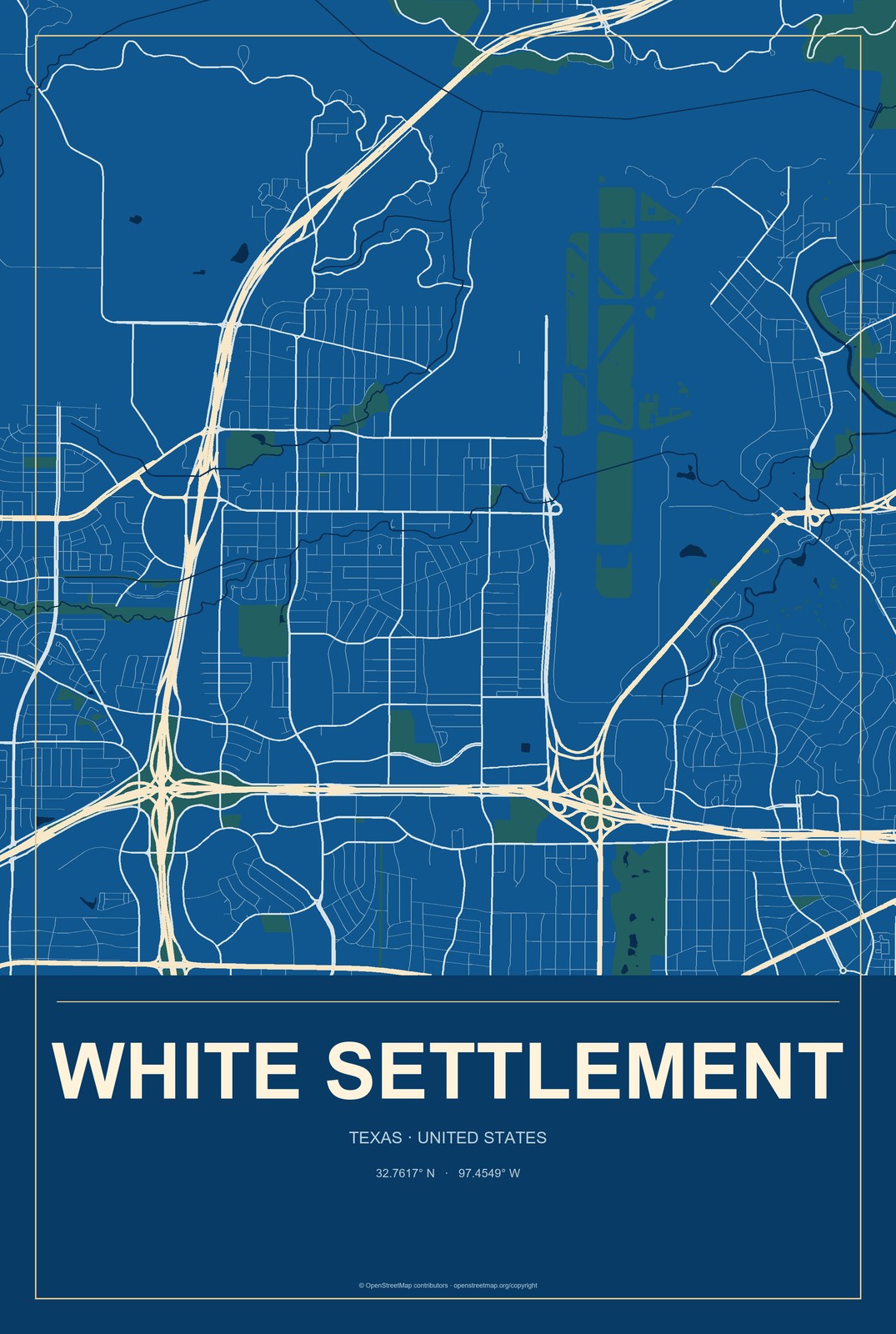 White Settlement, Texas City Map Aluminum Sign in Harbor Cobalt style