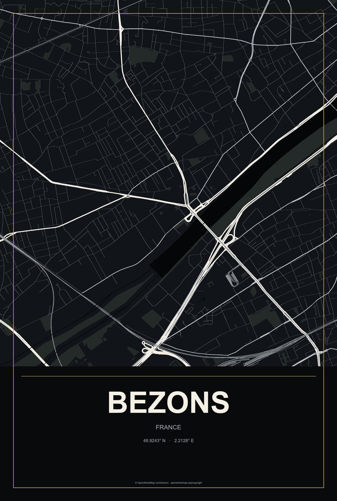 Bezons, France City Map Aluminum Sign in Metropolitan Noir style