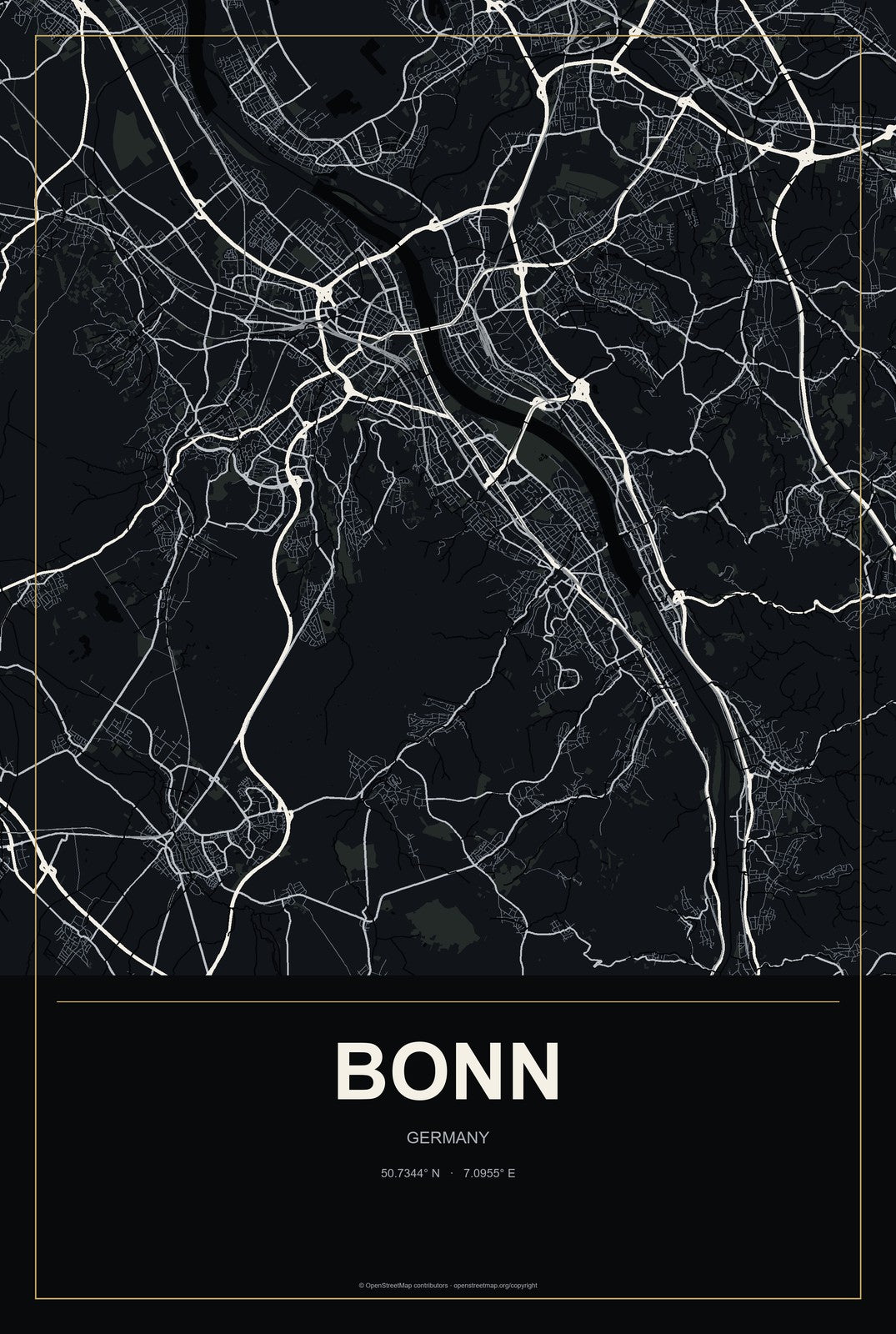 Bonn, Germany City Map Aluminum Sign in Metropolitan Noir style