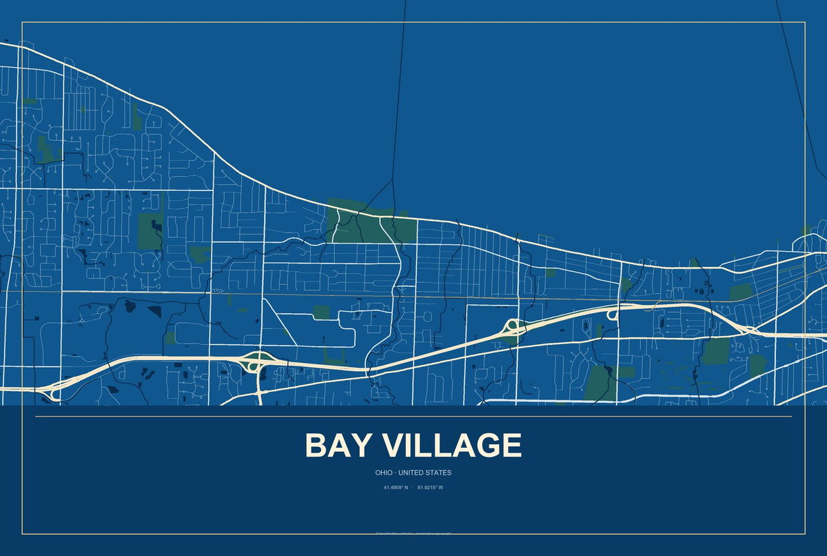 Bay Village, Ohio City Map Aluminum Sign in Harbor Cobalt style