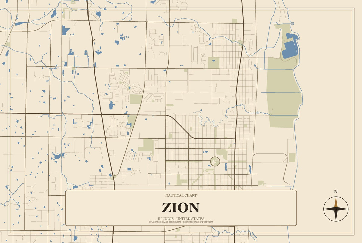 Zion, Illinois City Map Aluminum Sign in Heritage Nautical style