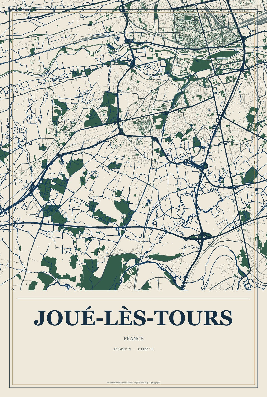 Joué-lès-Tours, France City Map Aluminum Sign in Coastal Cutout style