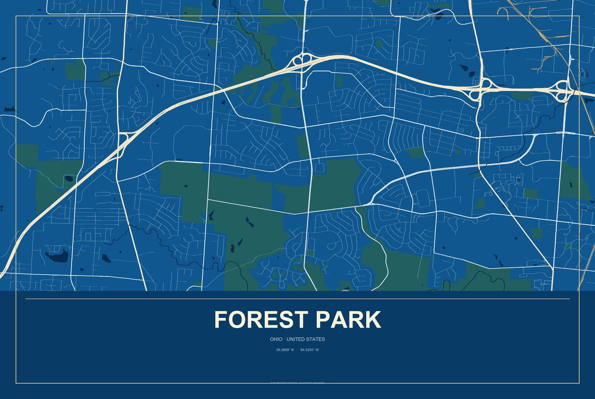 Forest Park, Ohio City Map Aluminum Sign in Harbor Cobalt style