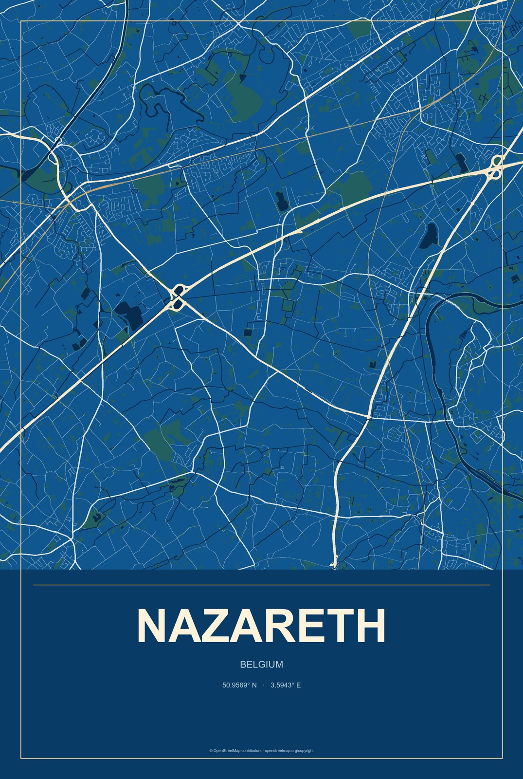 Nazareth, Belgium City Map Aluminum Sign in Harbor Cobalt style
