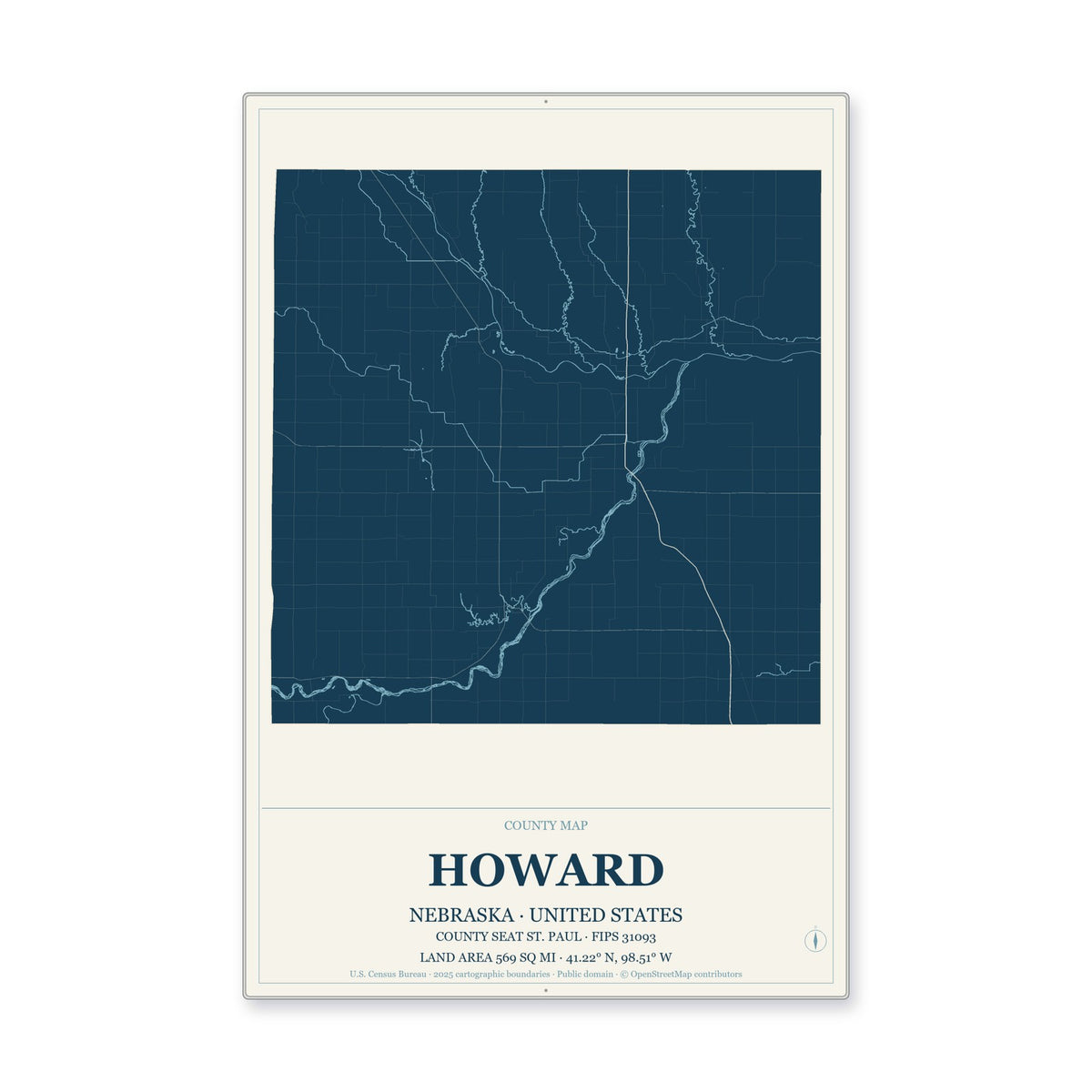 Howard County, Nebraska Map Aluminum Sign in Coastal Cutout style