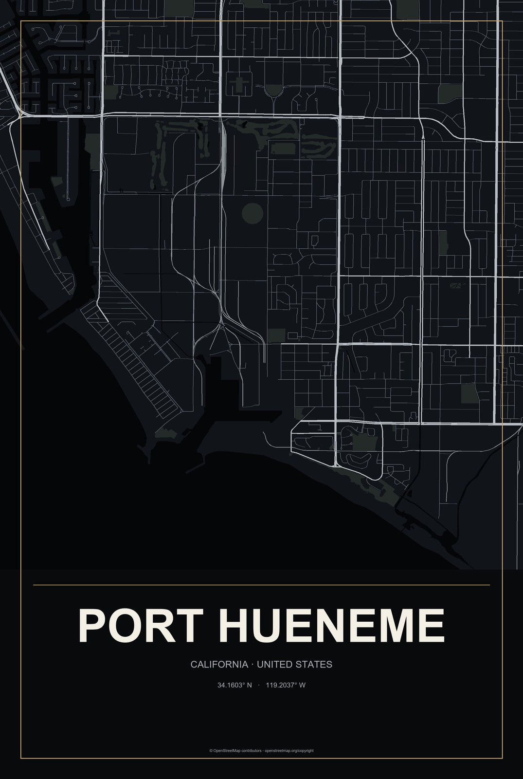 Port Hueneme, California City Map Aluminum Sign in Metropolitan Noir style