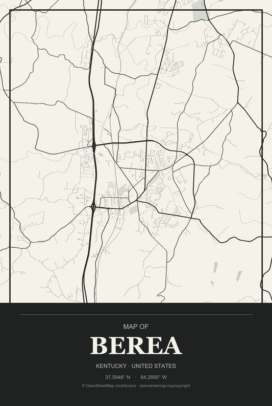 Berea, Kentucky City Map Aluminum Sign in Museum Plaque style