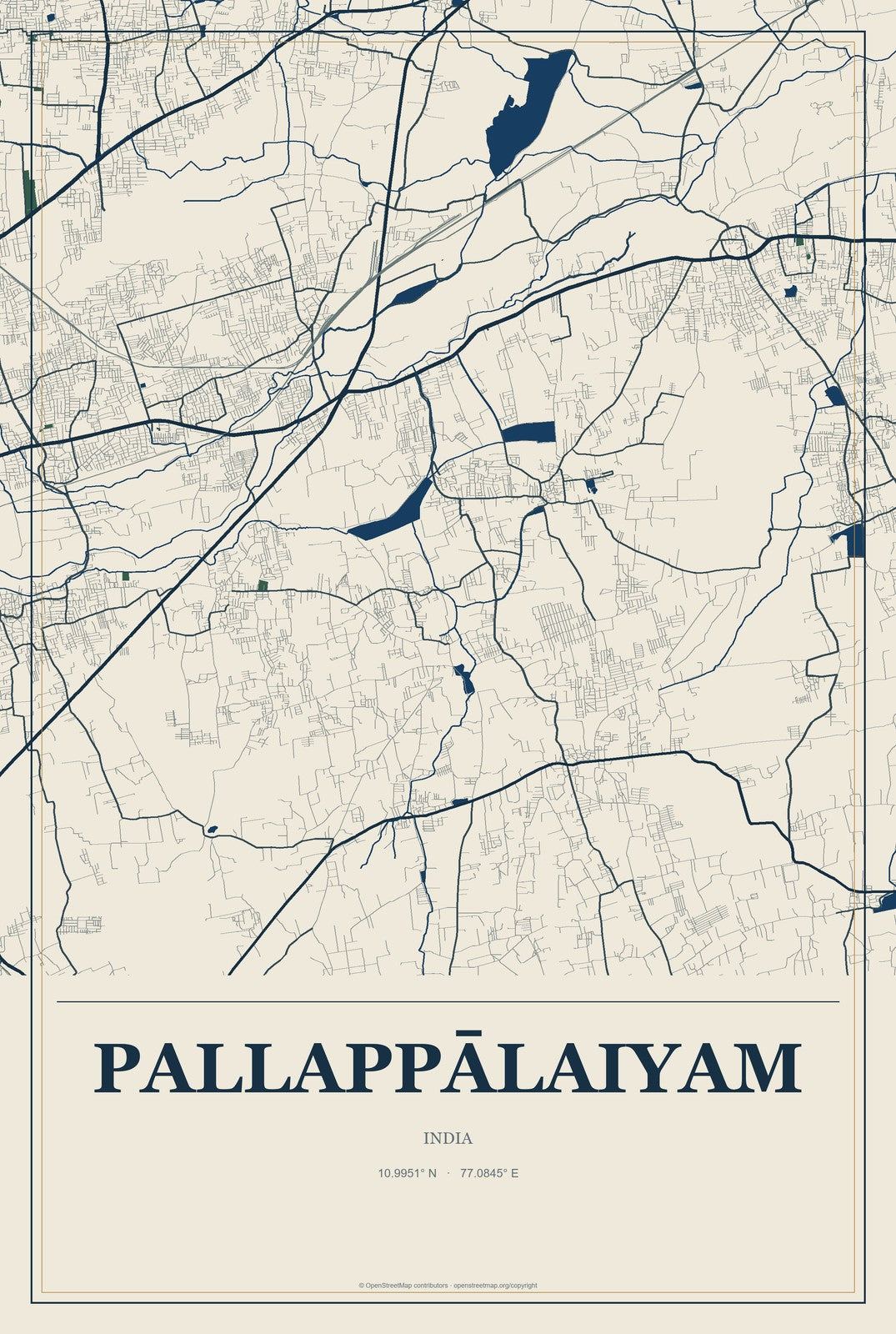 Pallappālaiyam, India City Map Aluminum Sign in Coastal Cutout style