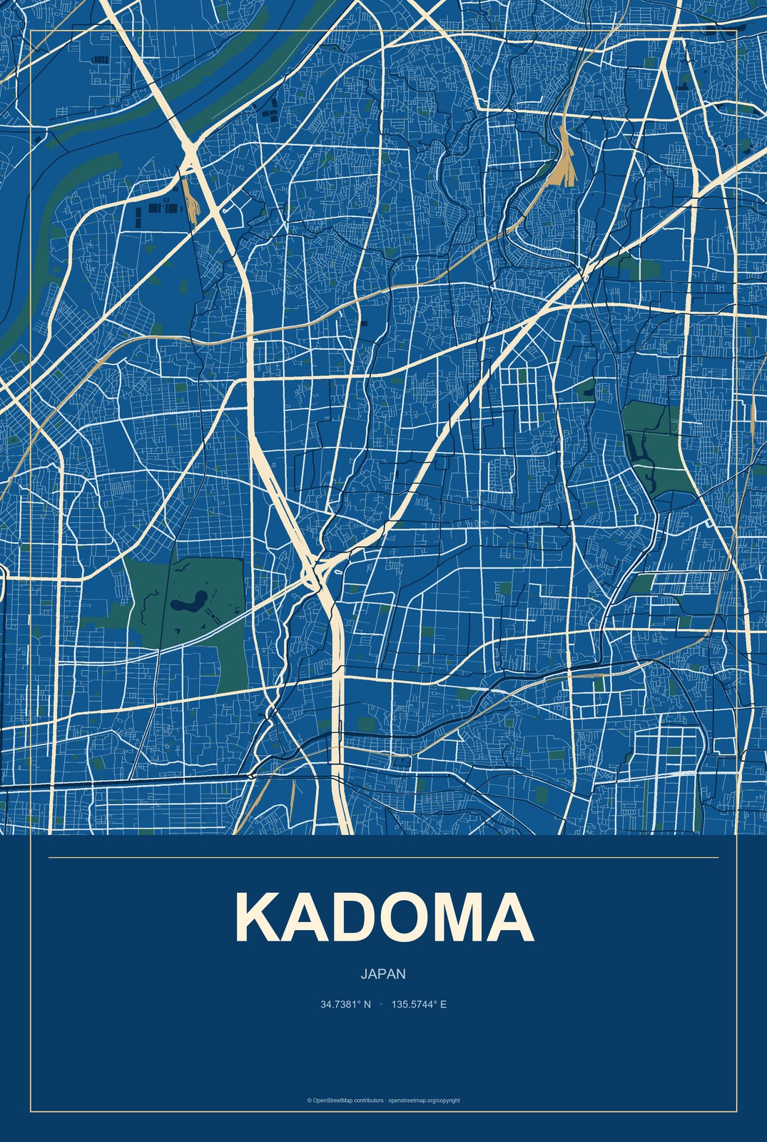 Kadoma, Japan City Map Aluminum Sign in Harbor Cobalt style