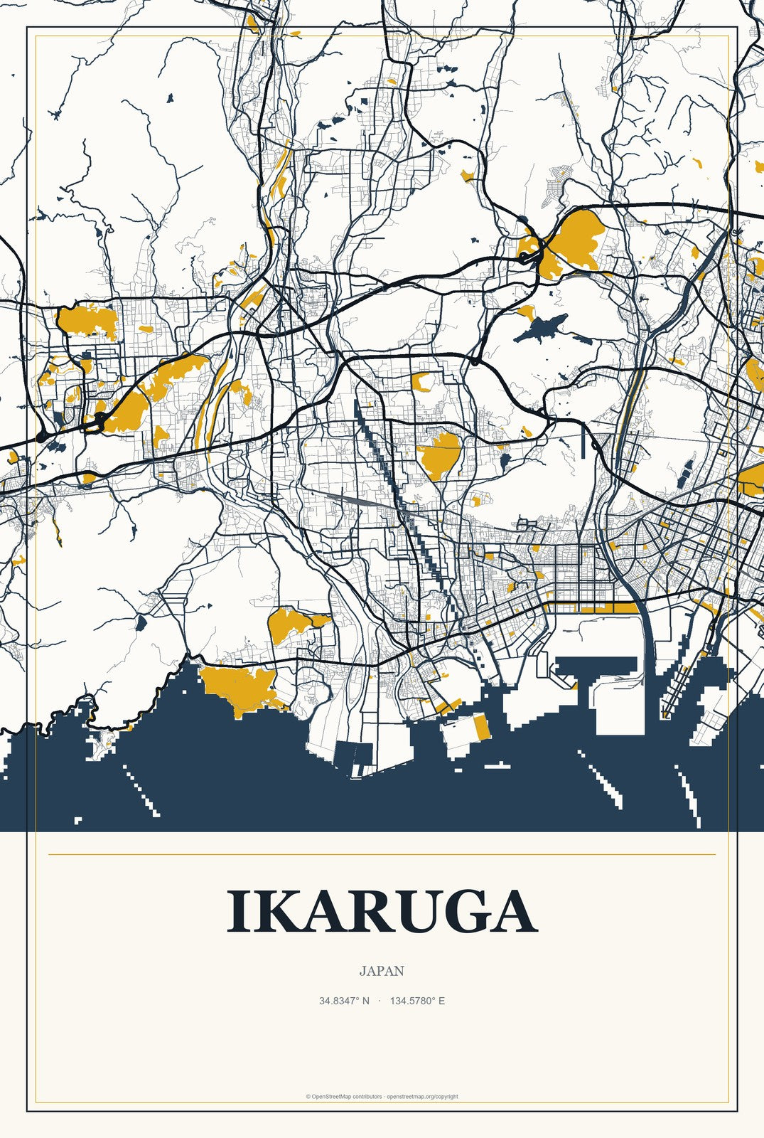 Ikaruga, Japan City Map Aluminum Sign in Citrine Modern style