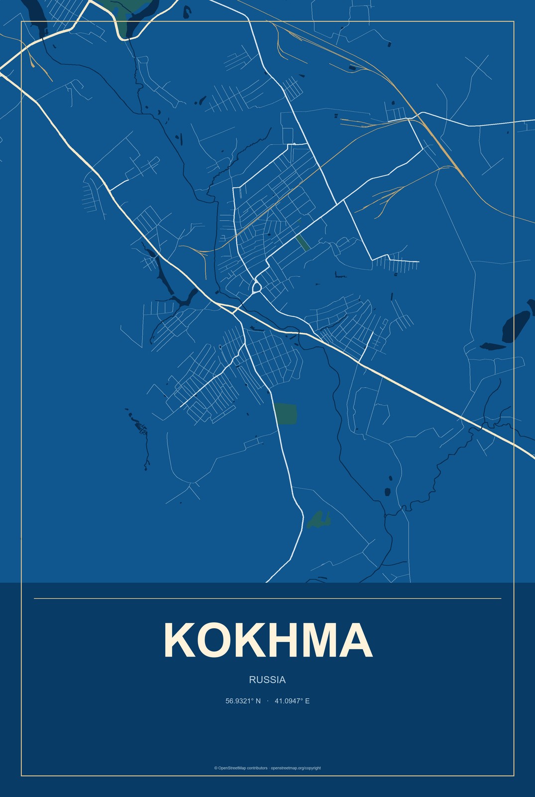 Kokhma, Russia City Map Aluminum Sign in Harbor Cobalt style