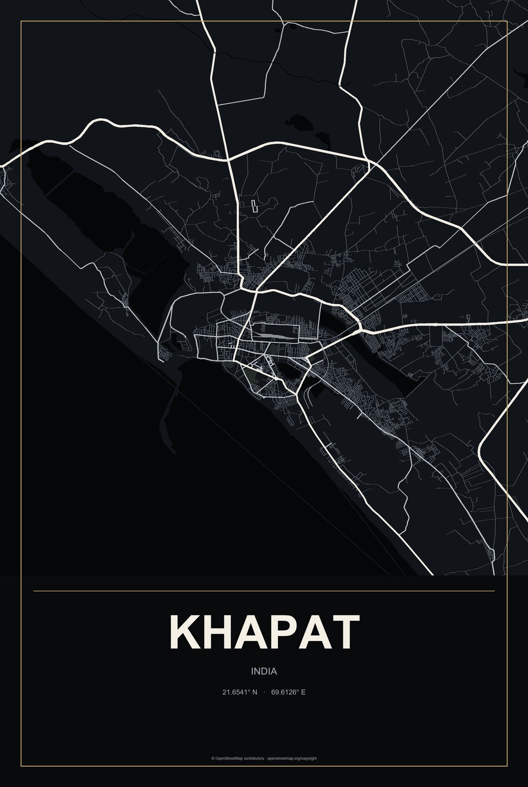 Khapat, India City Map Aluminum Sign in Metropolitan Noir style
