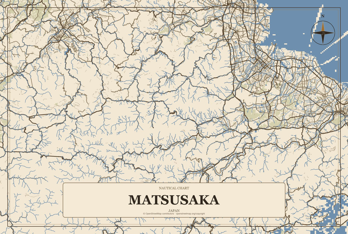 Matsusaka, Japan City Map Aluminum Sign in Heritage Nautical style