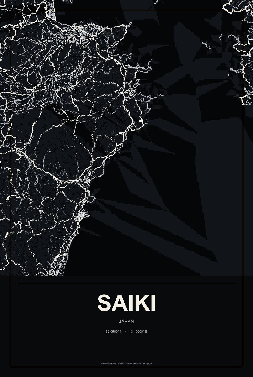 Saiki, Japan City Map Aluminum Sign in Metropolitan Noir style