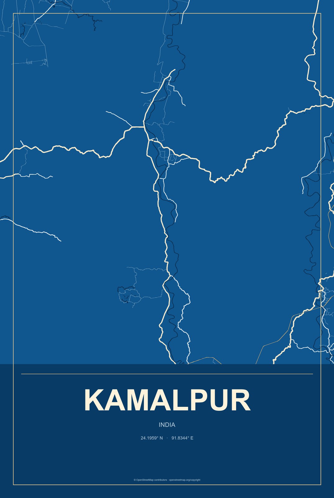 Kamalpur, India City Map Aluminum Sign in Harbor Cobalt style