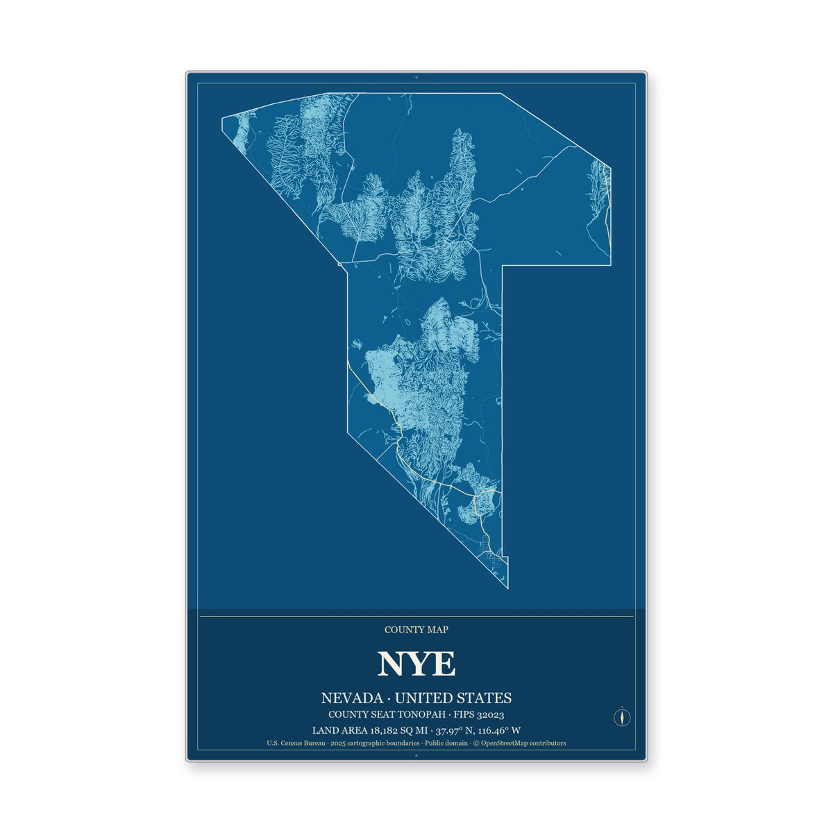 Nye County, Nevada Map Aluminum Sign in Harbor Cobalt style