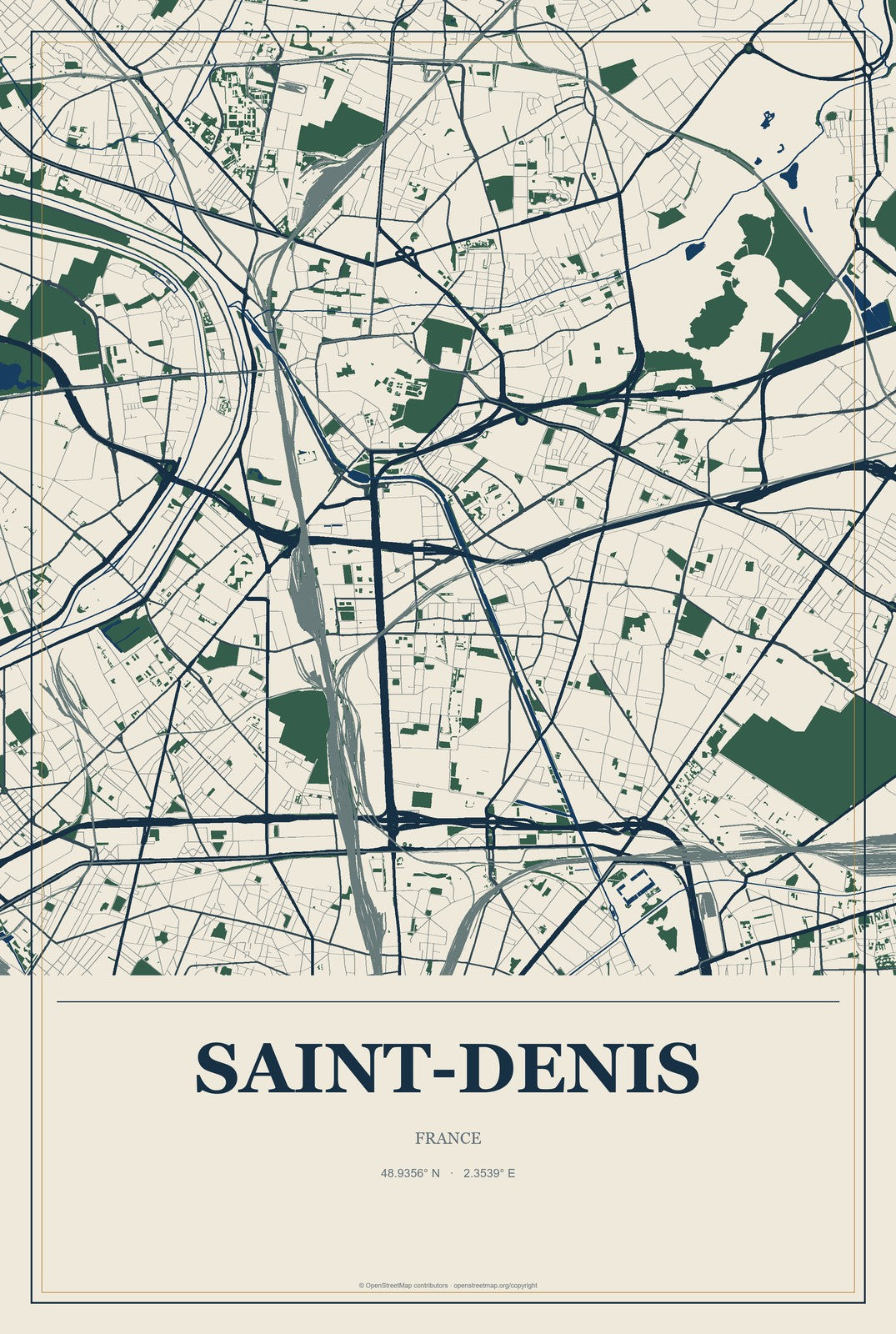 Saint-Denis, France City Map Aluminum Sign in Coastal Cutout style