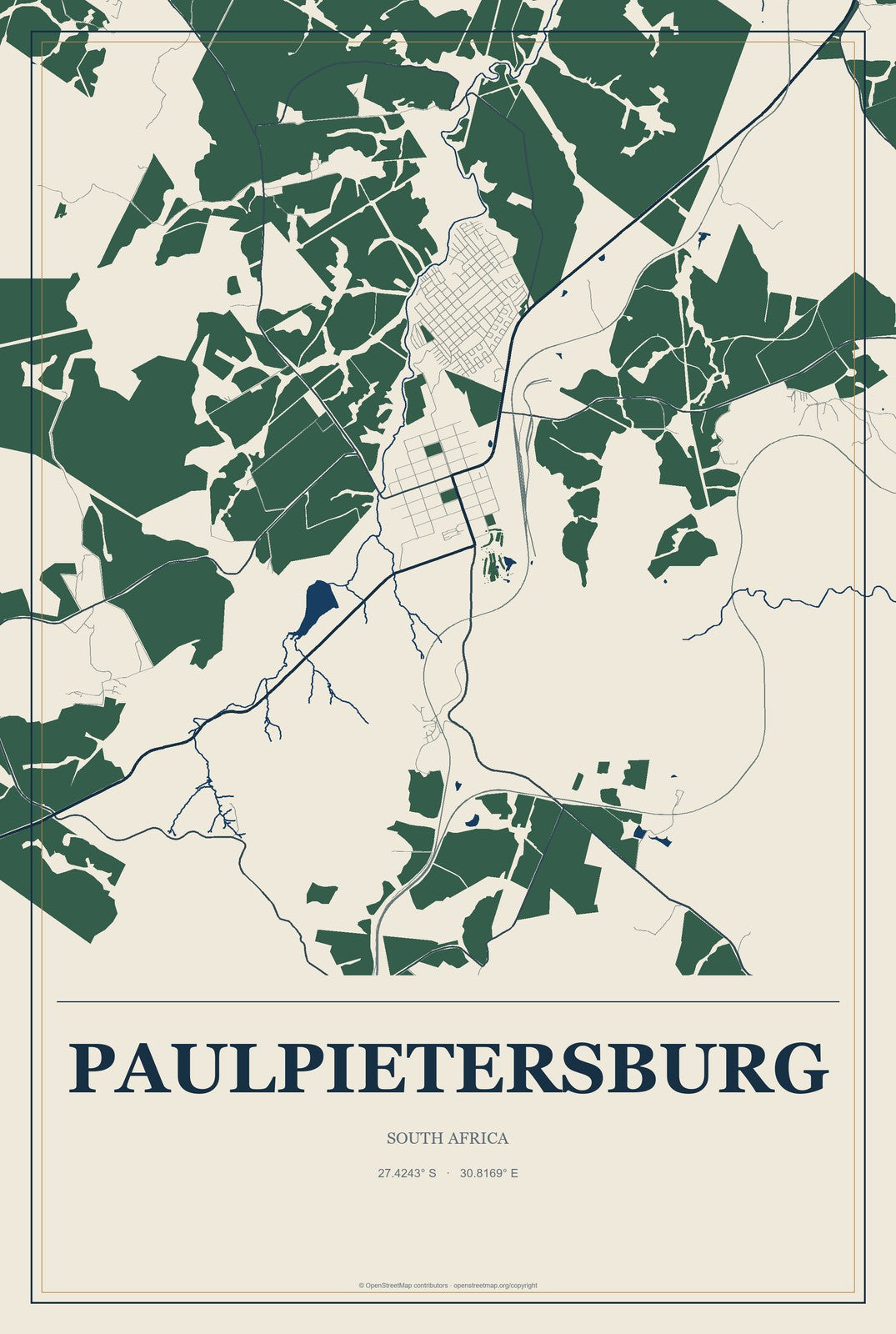 Paulpietersburg, South Africa City Map Aluminum Sign in Coastal Cutout style