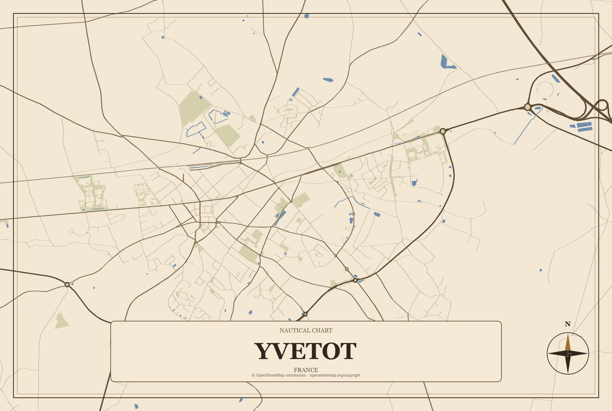 Yvetot, France City Map Aluminum Sign in Heritage Nautical style