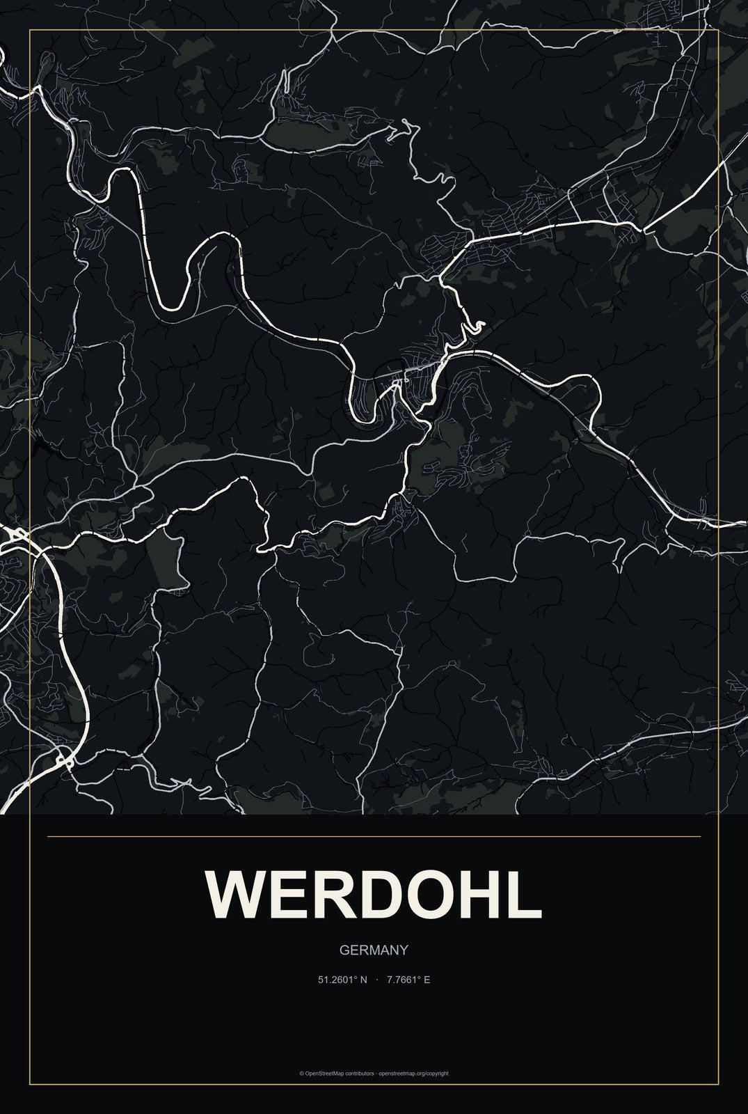 Werdohl, Germany City Map Aluminum Sign in Metropolitan Noir style