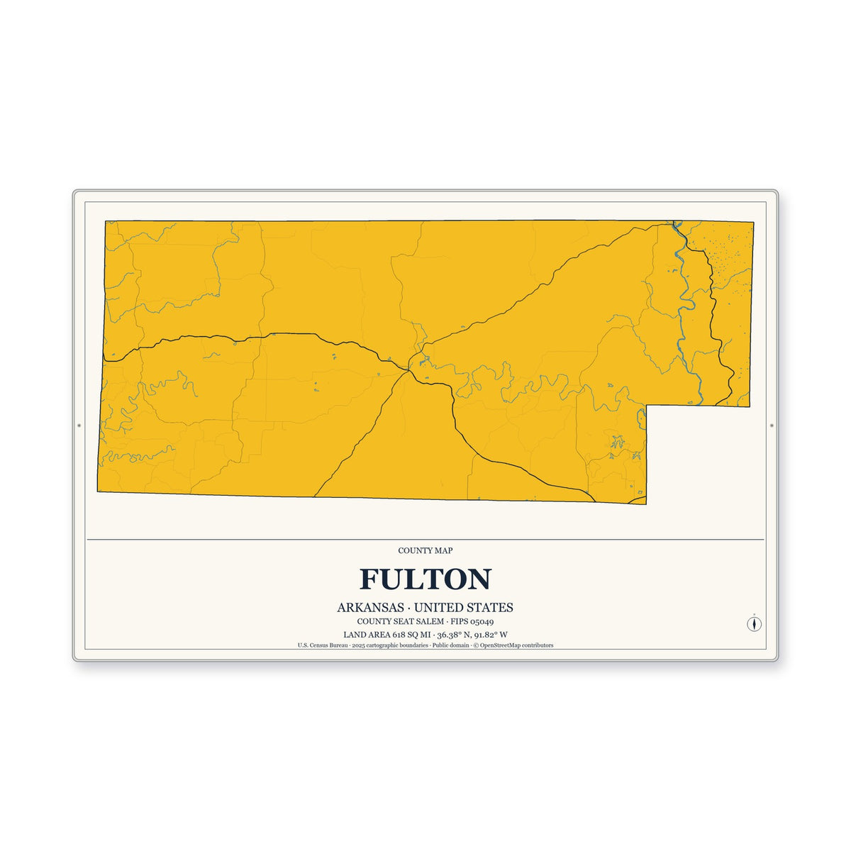 Fulton County, Arkansas Map Aluminum Sign in Citrine Modern style