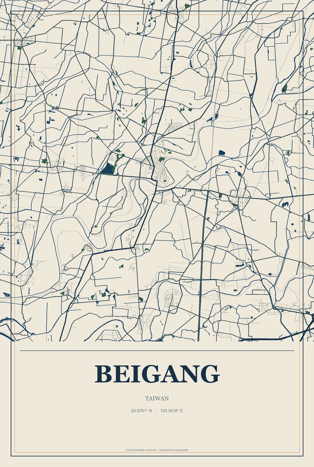 Beigang, Taiwan City Map Aluminum Sign in Coastal Cutout style