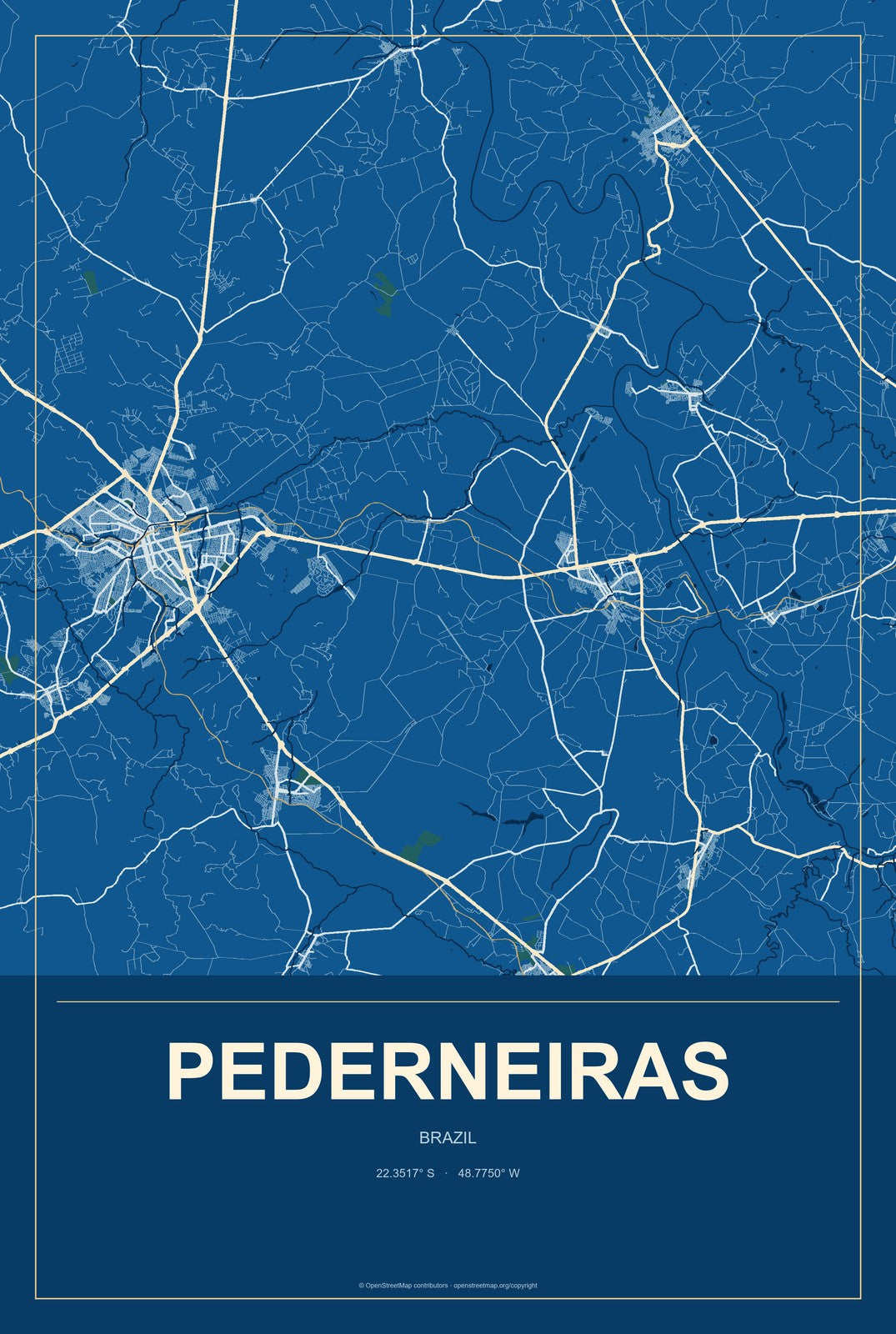Pederneiras, Brazil City Map Aluminum Sign in Harbor Cobalt style