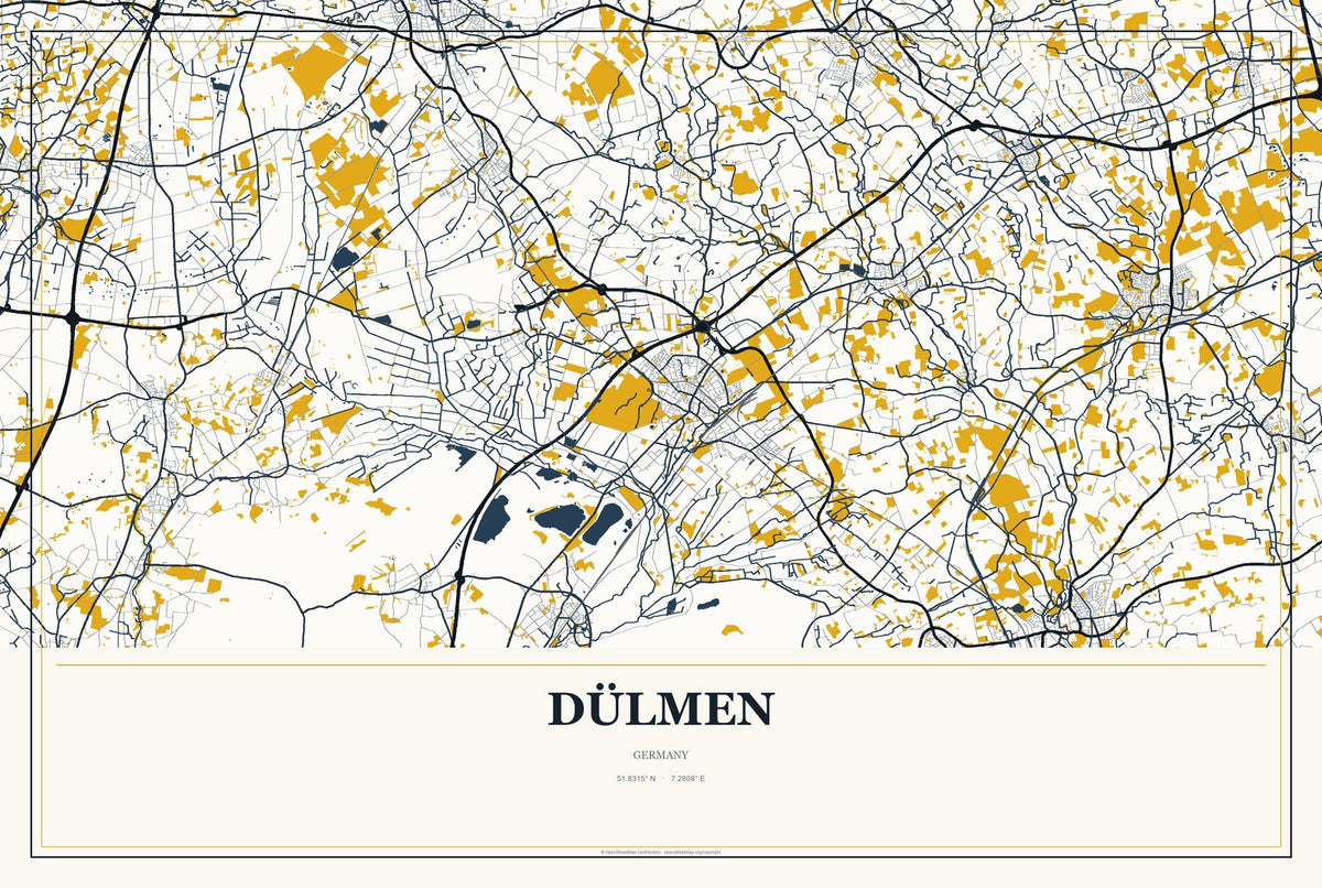 Dülmen, Germany City Map Aluminum Sign in Citrine Modern style
