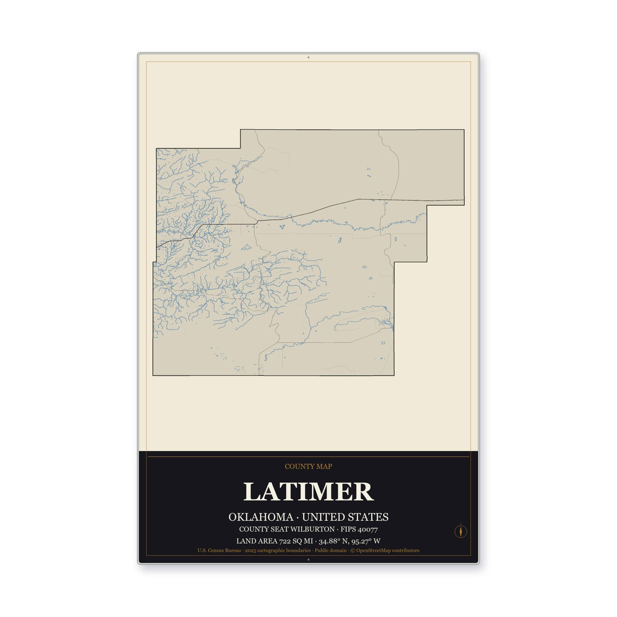 Latimer County, Oklahoma Map Aluminum Sign in Museum Plaque style