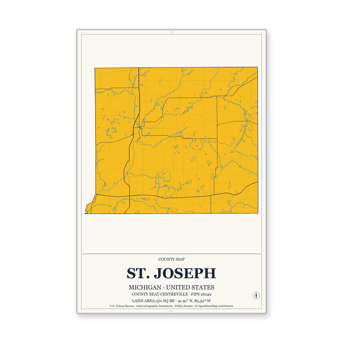 St. Joseph County, Michigan Map Aluminum Sign in Citrine Modern style