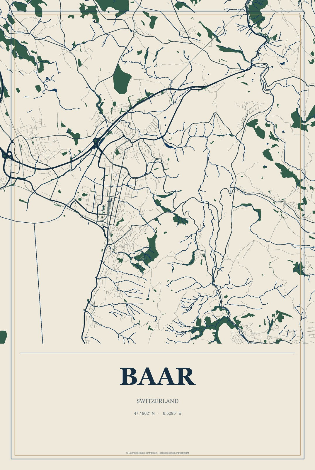 Baar, Switzerland City Map Aluminum Sign in Coastal Cutout style