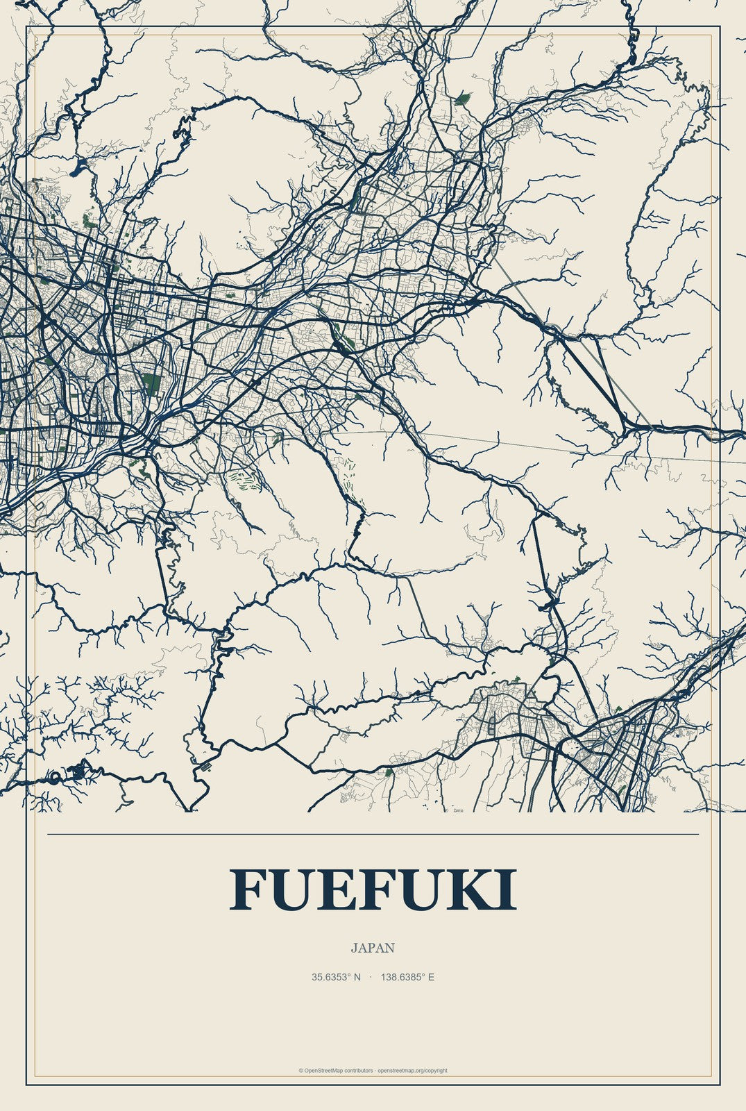 Fuefuki, Japan City Map Aluminum Sign in Coastal Cutout style